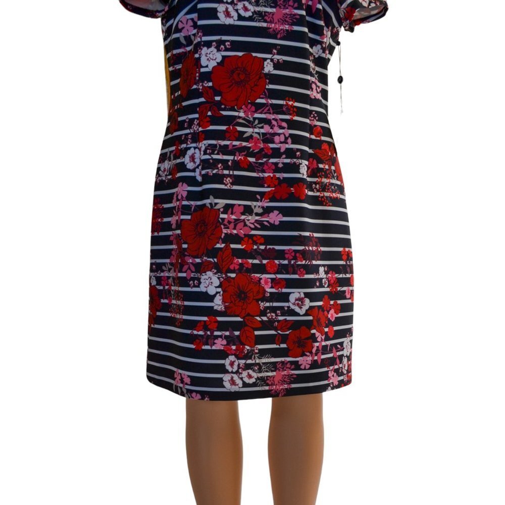 Adrianna Papell NWT Floral & Stripe Dress — Red / Pink / White on Black, Size 12 - Picture 5 of 15